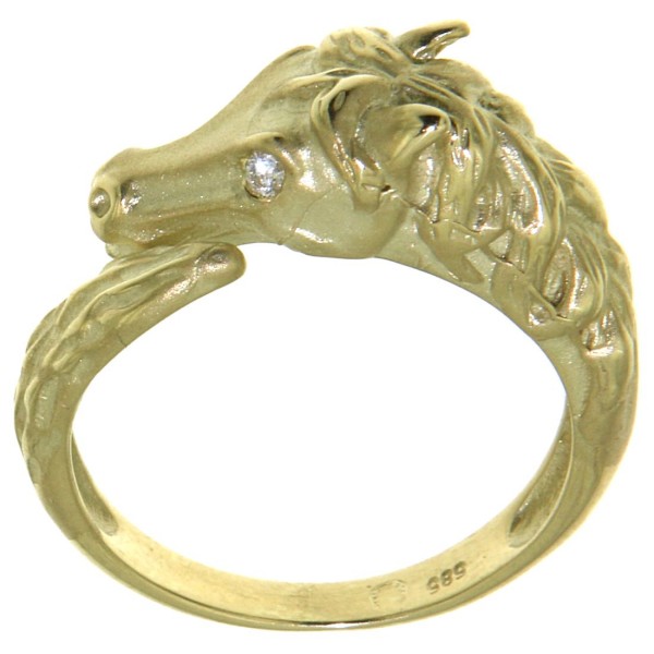 Pferdekopf Ring massiv Gelbgold mattiert-poliert mit 2 Diamantaugen