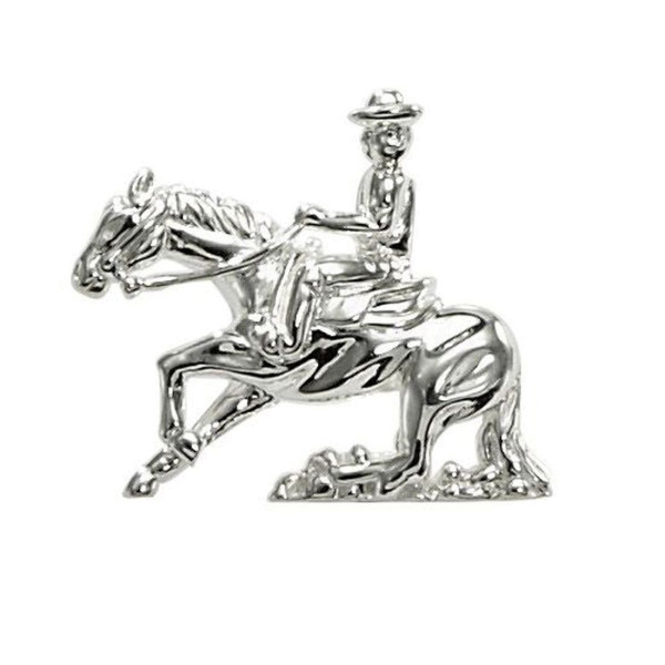 Anhänger Reiter auf Pferd beim Sliding Stop Reining massiv echt Silber