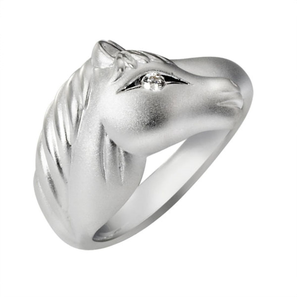 Ring Pferdekopf massiv echt Silber mattiert-poliert mit Zirkonia Auge