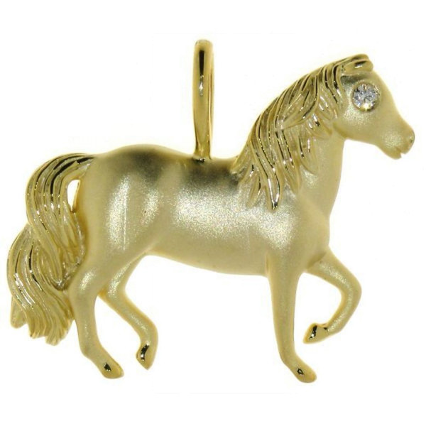 Anhänger Pferd mit Diamantauge echt Gold mattiert - poliert