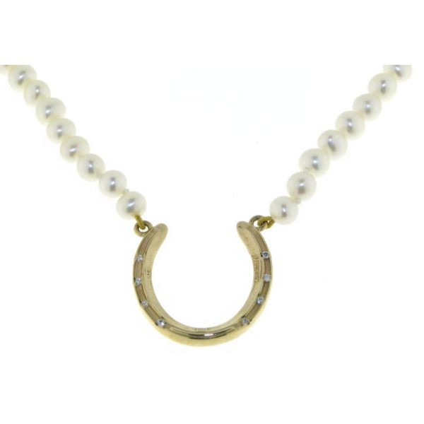 Perl-Collier mit Hufeisen mit 8 Diamanten