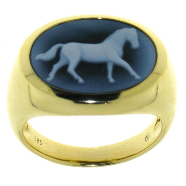 Ring Gemme Achat mit trabendem Pferd 16 x 12 mm Kamee Fassung Echtgold