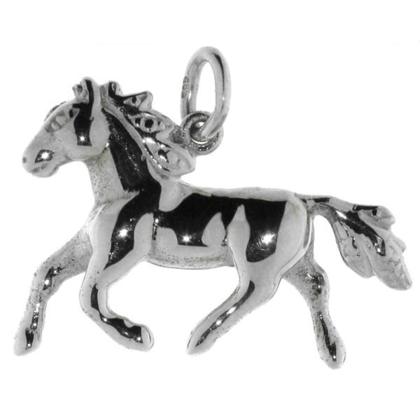 Anhänger Pferd trabend Pony mit wehender Mähne echt Silber