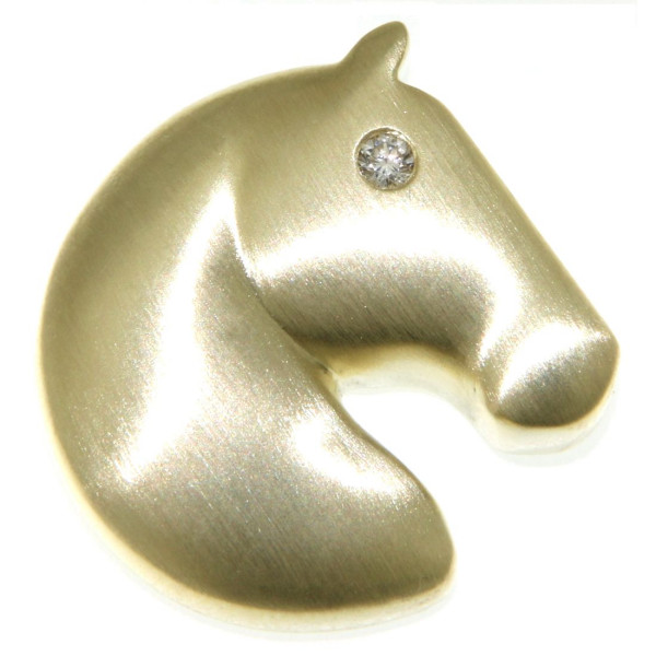 Anhänger Pferdekopf modern groß mattiert Echtgold mit Diamantauge
