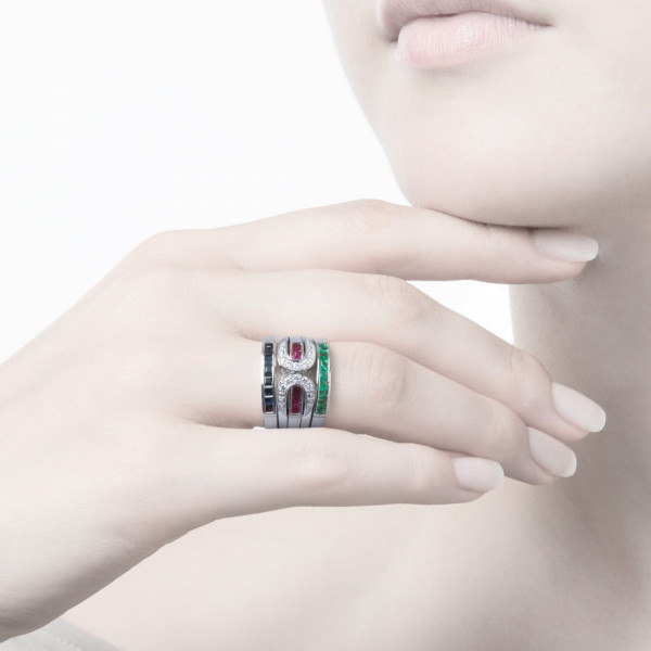 Hufeisen-Ring echt Silber 925/- mit echten Rubinen, Saphiren, Smaragden und Zirkoniasteinen